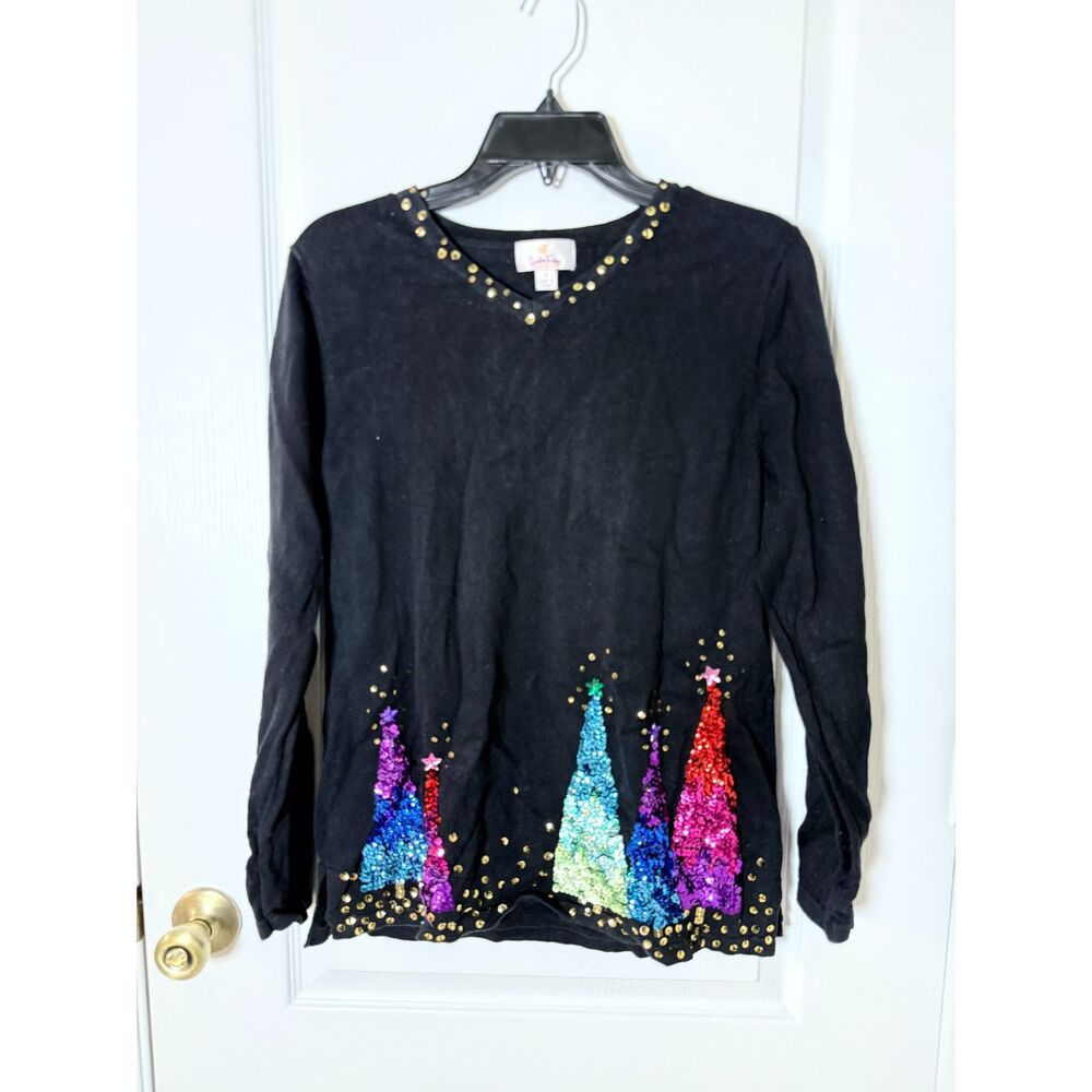 Quacker Factory Black Sequin Christmas Tree Sweater S